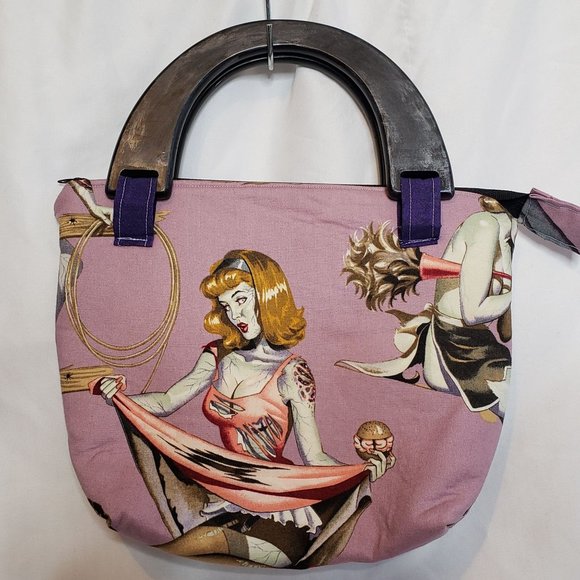 Handmade Fabric Purse Alexander Henry Zombie Pinup Girl Fabric Wood Handles - Picture 1 of 6